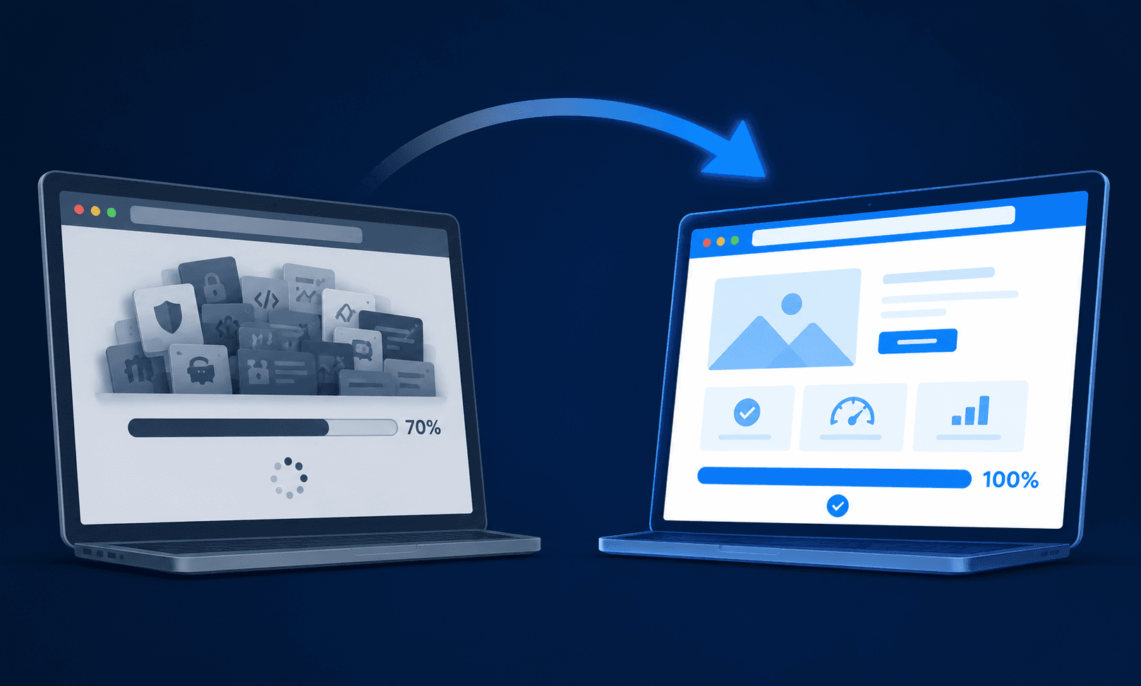 Comparación visual de dos webs: una lenta con muchos plugins y una rápida y limpia con código moderno