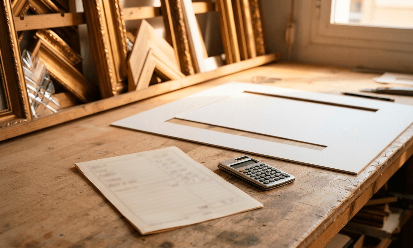 Taller de enmarcación con molduras, cristal y paspartú sobre mesa de trabajo, con calculadora y ficha de presupuesto