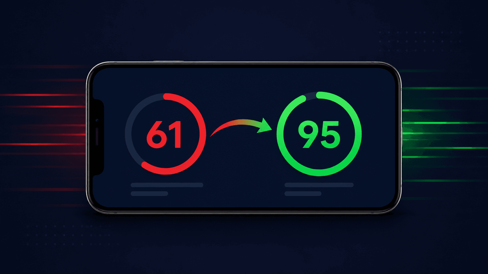 Pantalla de móvil mostrando la mejora de 61 a 95 en Google PageSpeed Insights