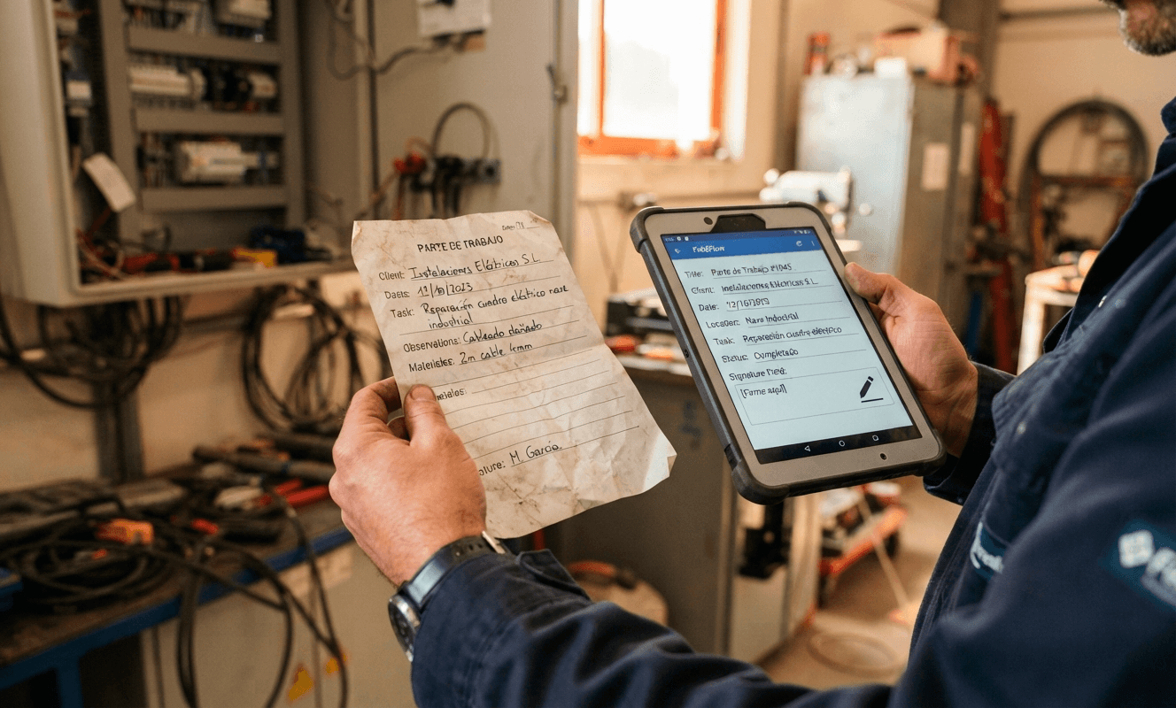Técnico de instalaciones rellenando un parte de trabajo en papel junto a una tablet con el mismo parte en formato digital
